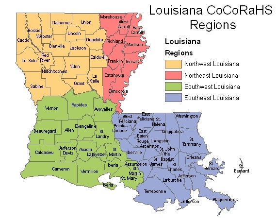 CoCoRaHS Community Collaborative Rain Hail Snow Network   Louisiana Regions 2 